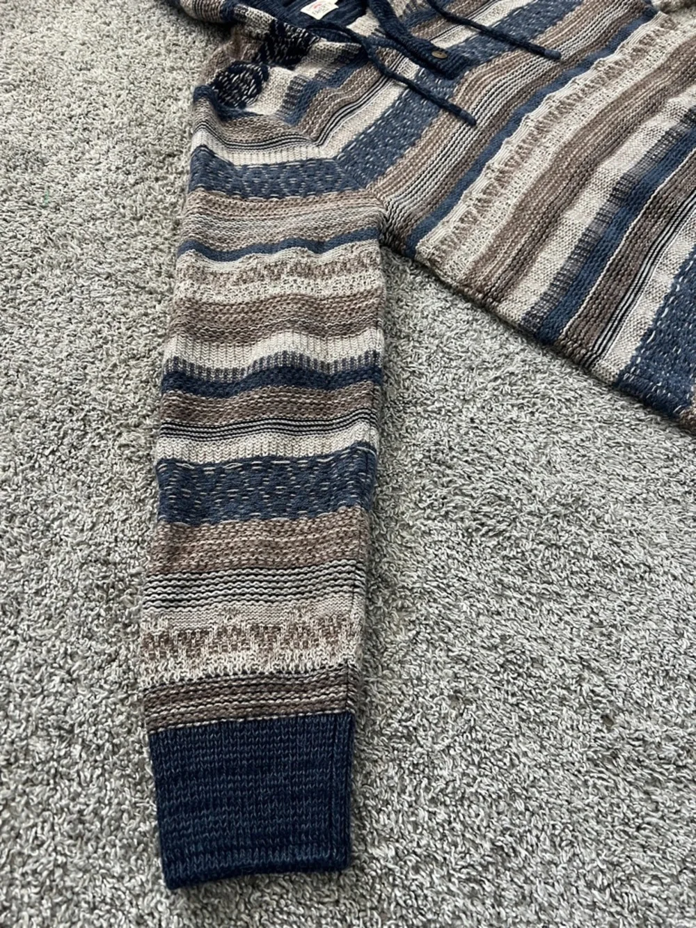 Faherty Men’s Baja Striped Knit Hooded Quarter Button Sweater Navy Tan - Size M